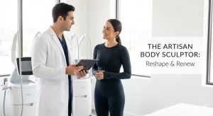 Doctor consulting patient about body sculpting treatment.