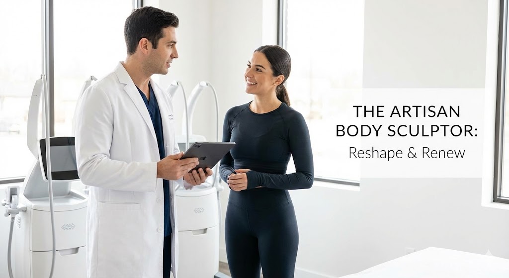 Doctor consulting patient about body sculpting treatment.
